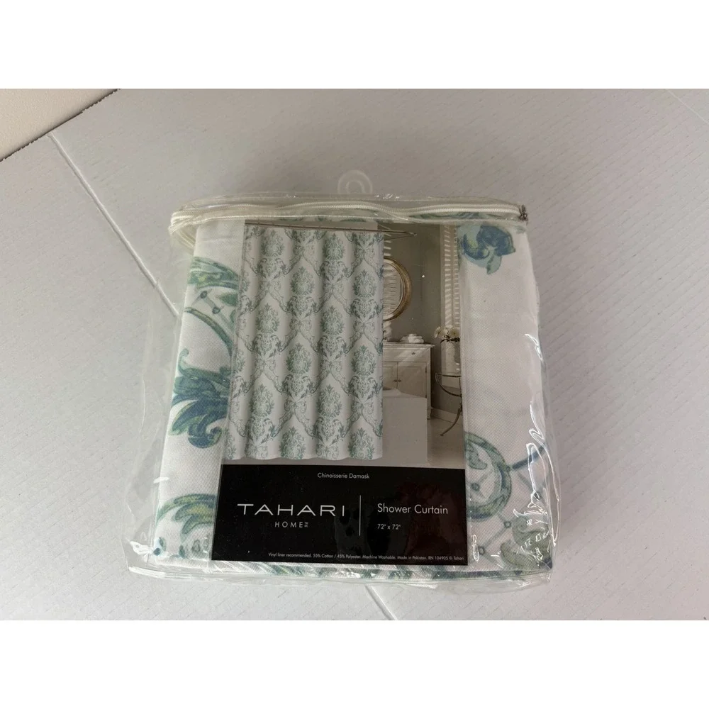 Tahari Home Green Blue Chinoiserie Damask Fabric Shower Curtain Paisley NWT